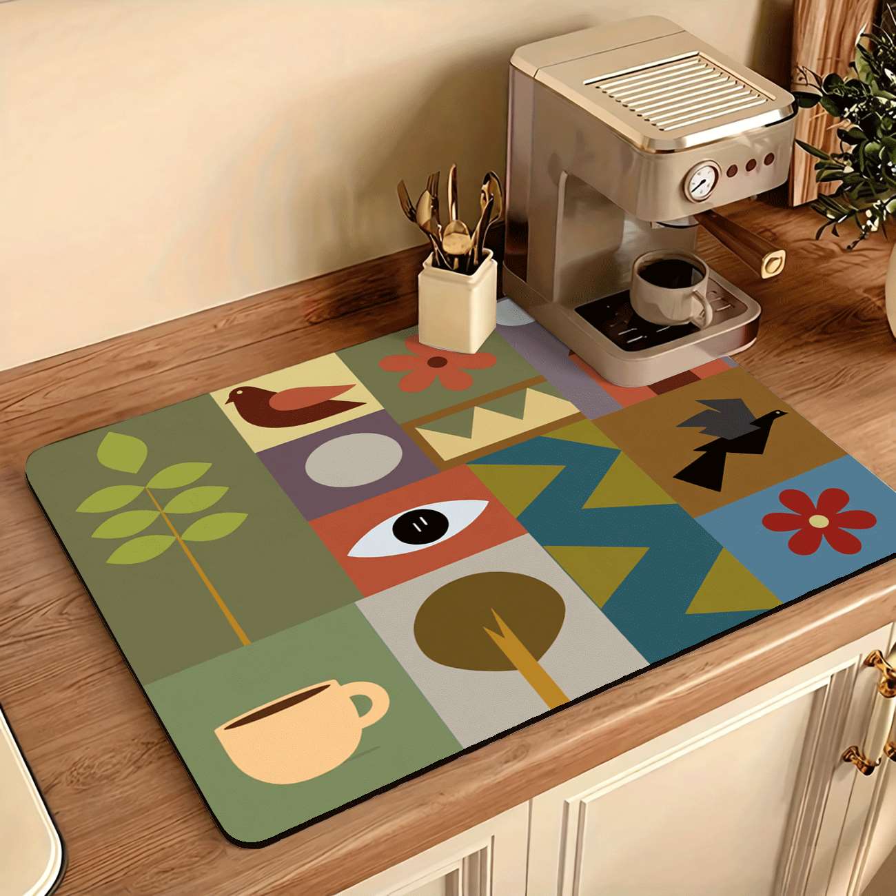 Bar Mat Rubber - Mid-Century Modern Geometric Print Absorbent Mat,