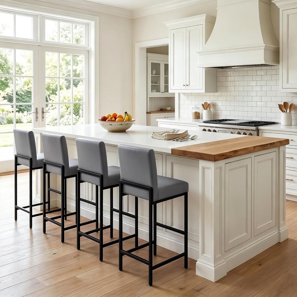 Set of 4 Grey Upholstered Leat - Home Bar Stools 评论和价格