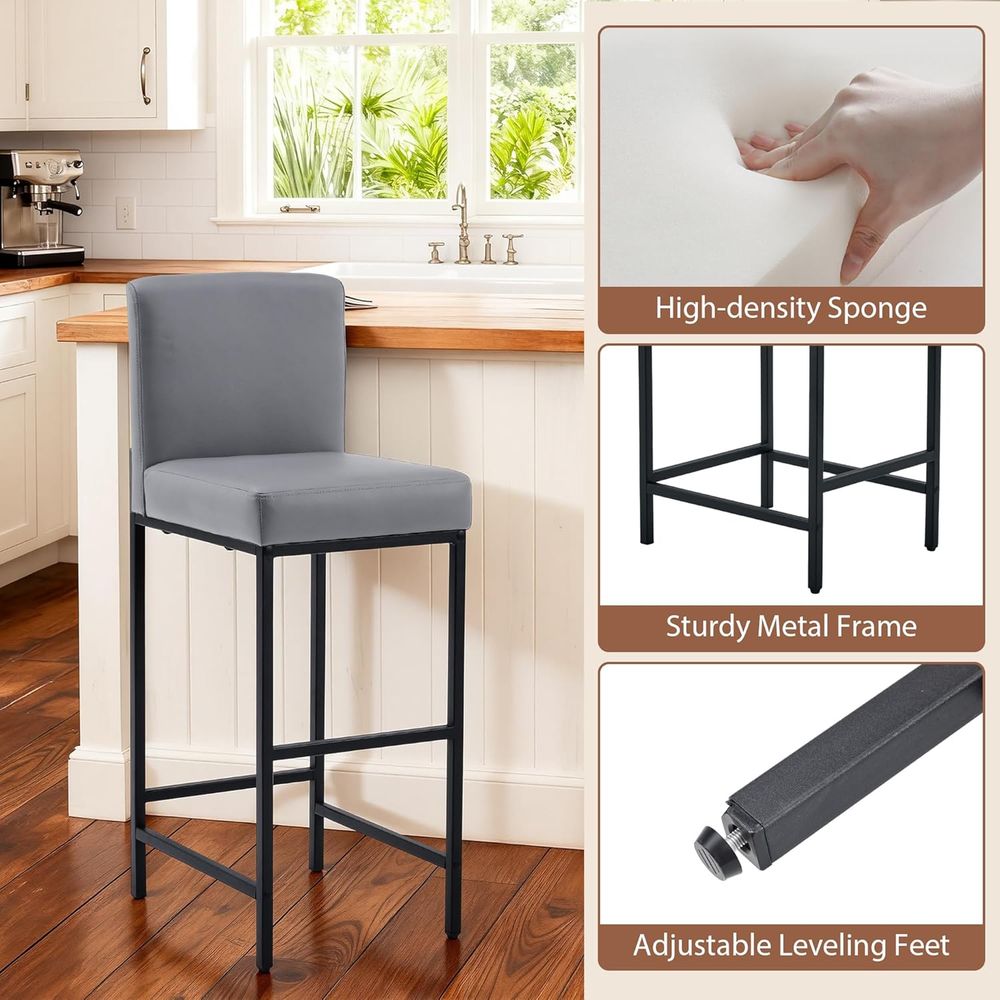 Set of 4 Grey Upholstered Leat - Home Bar Stools 评论和价格